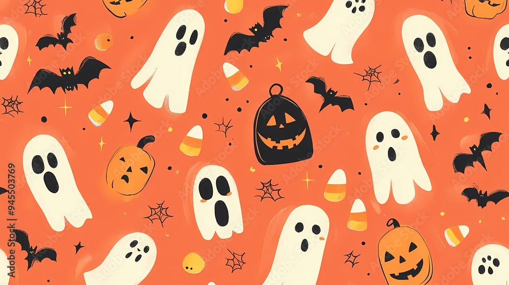 Cute Halloween Ghosts Illustration with Pumpkins Cute Halloween Ghosts Illustration with Pumpkins