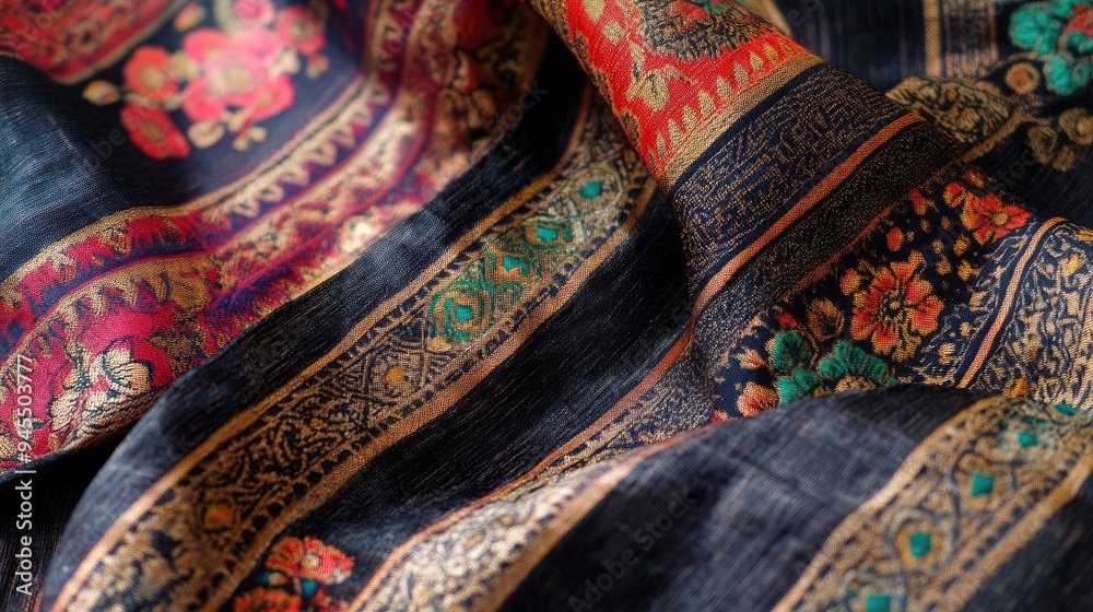 Handwoven Indian dupatta with detailed patterns, displayed against a plain background, no people. Handwoven Indian dupatta with detailed patterns, displayed against a plain background, no people.