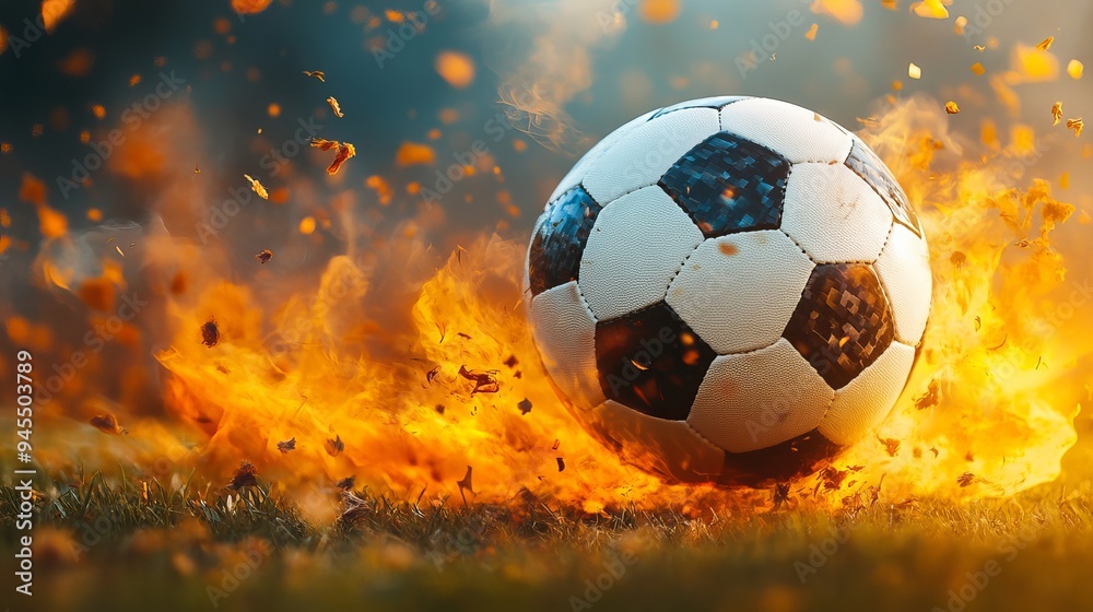 Fototapeta premium A soccer ball ignites in flames during a vibrant outdoor game in autumn