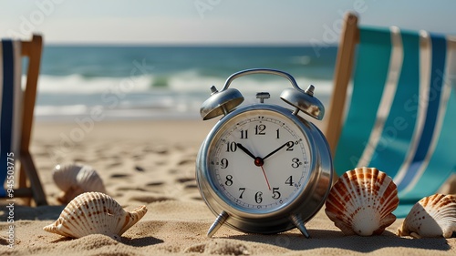 Photo of Alarm Clock on Deck Chair at Beach with Sea and Seashells in Background, Depicting Summer Vacation Concept. photo