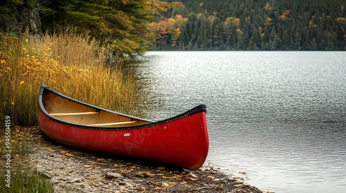 Red canoe resting by a lake surrounded by fall foliage in the afternoon