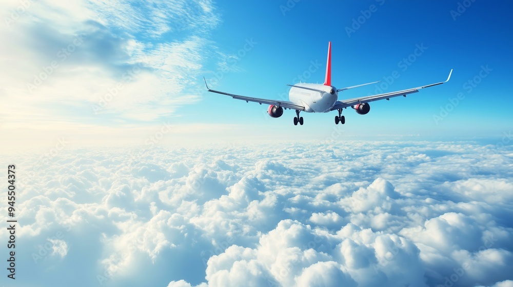 Obraz premium Passenger Airplane Flying Over Majestic Clouds with Clear Blue Sky in Background