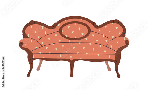 Victorian style sofa. Old historic furniture of 19th century. Antique couch, vintage ornate design. Luxury expensive seat with upholstery. Flat vector illustration isolated on white background