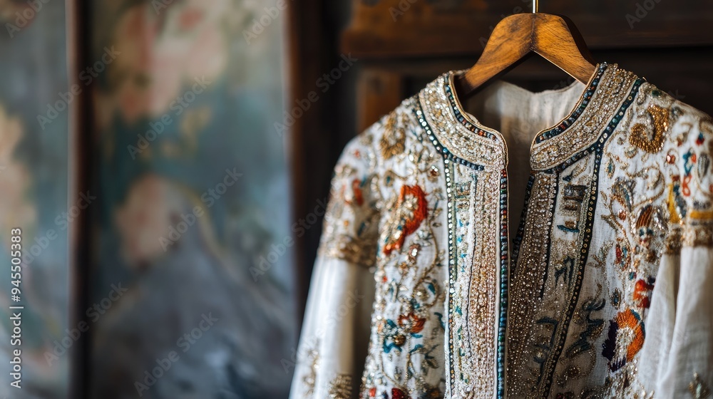 Ornate Indian blouse with intricate beadwork, hanging on a stylish hanger, no people. Ornate Indian blouse with intricate beadwork, hanging on a stylish hanger, no people.