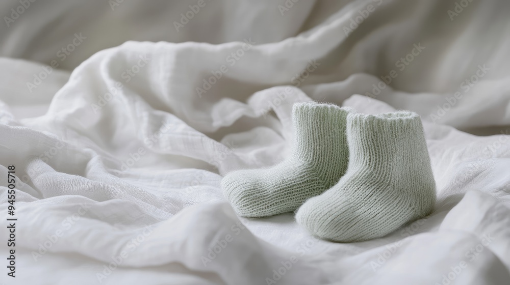 Pair of soft baby booties in light green, gently resting on a white sheet, with a delicate background creating a calm atmosphere.