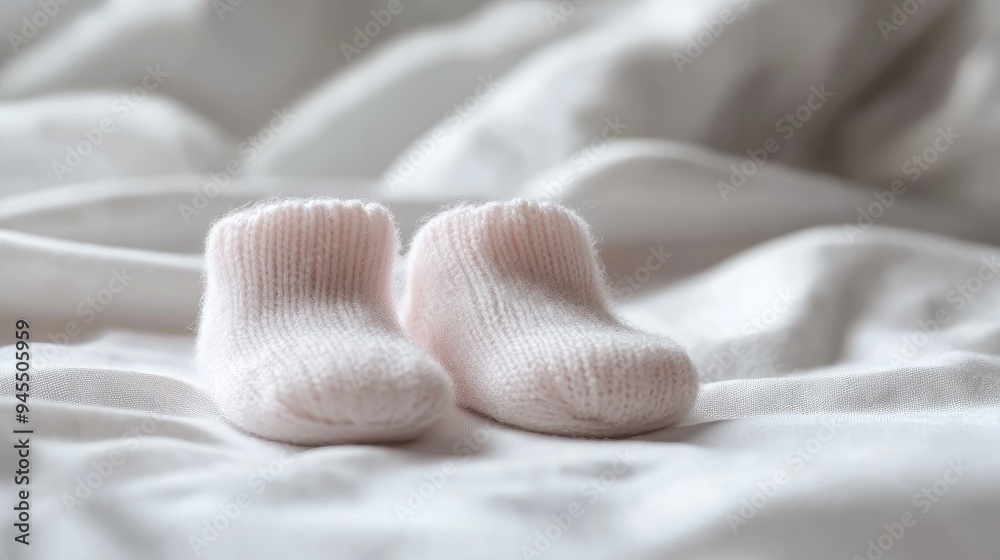 Pair of soft baby booties in light pink, gently resting on a white sheet, with a delicate background creating a calm atmosphere. Pair of soft baby booties in light pink, gently resting on a white sheet, with a delicate background creating a calm atmosphere.