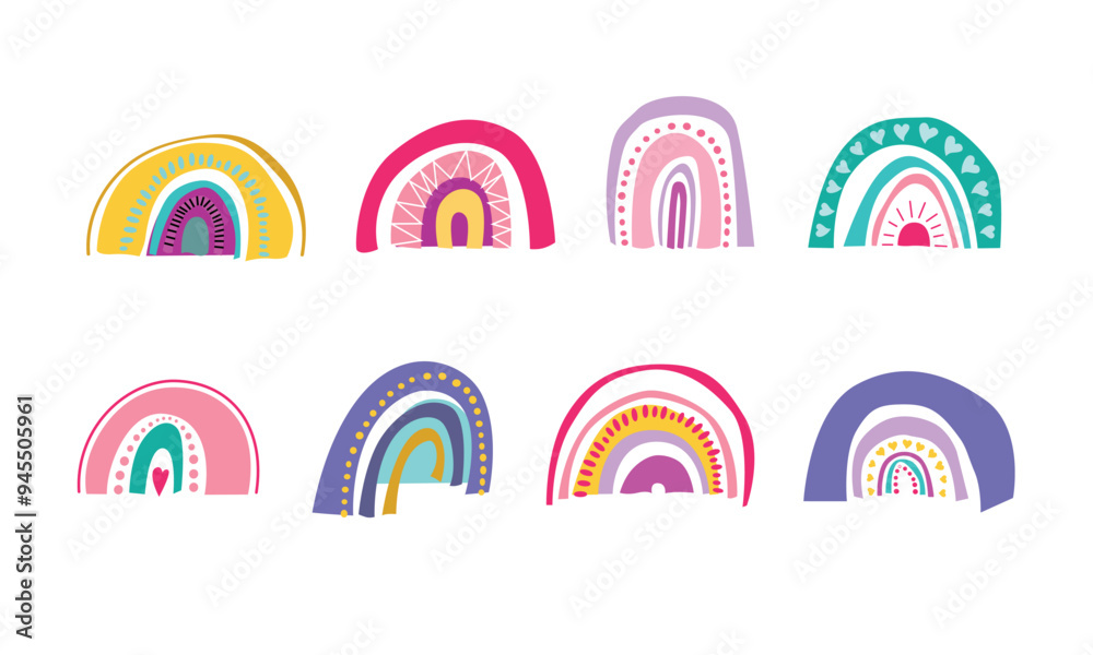 Set of doodles rainbows, clouds with hearts in retro boho style. Baby stickers, scrapbook icons, vector. Set of doodles rainbows, clouds with hearts in retro boho style. Baby stickers, scrapbook icons, vector.