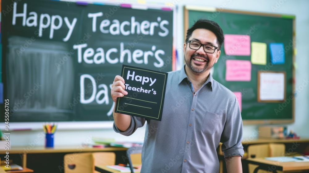 A man is holding a sign that says Happy Teacher's Day