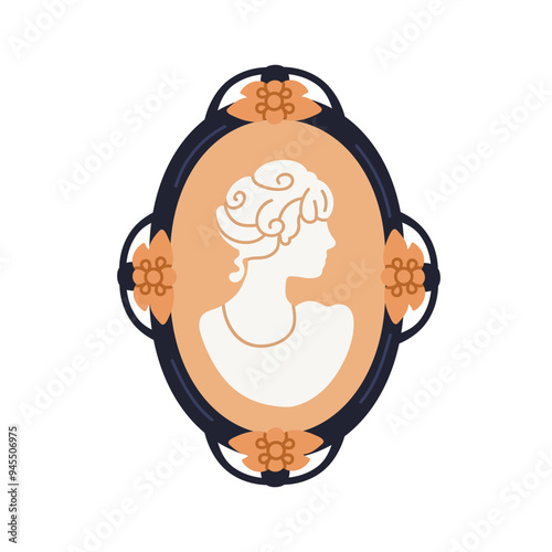 Cameo, vintage portrait brooch from 19th century. Antique carving in gem stone, framed female silhouette relief on gemstone. Luxury heirloom. Flat vector illustration isolated on white background