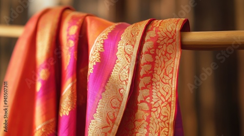 Traditional Indian dupatta with gold embroidery, draped beautifully over a wooden hanger, no people. photo