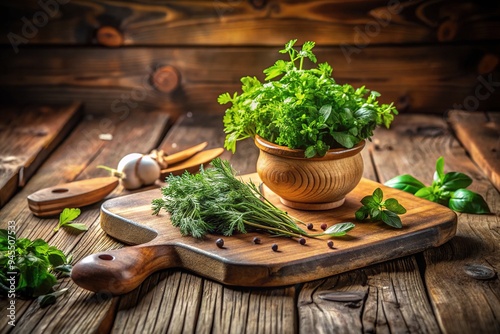 Rustic wooden cutting board with a vintage ceramic dish, filled with fresh green herbs, sits on a worn wooden table amidst soft, warm lighting. photo