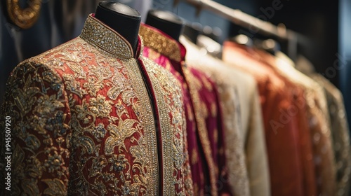 Traditional Indian sherwani with gold embroidery on display, capturing the essence of Indian wedding attire, no people.