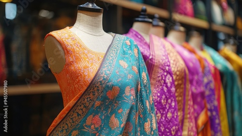Vibrant sari draped elegantly on a mannequin, intricate embroidery on display, traditional Indian design, no people.