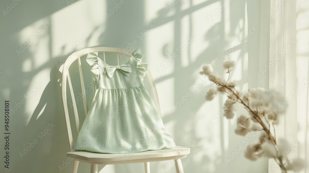 Women's dress in a pastel green hue with small bow patterns, neatly folded and placed on a white chair against a soft, light-filled backdrop. Women's dress in a pastel green hue with small bow patterns, neatly folded and placed on a white chair against a soft, light-filled backdrop.