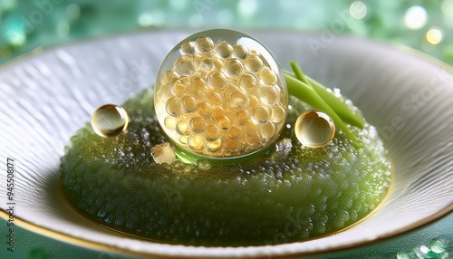 Algae-based transparent caviar pearls on frozen seaweed foam with lemongrass essence.
