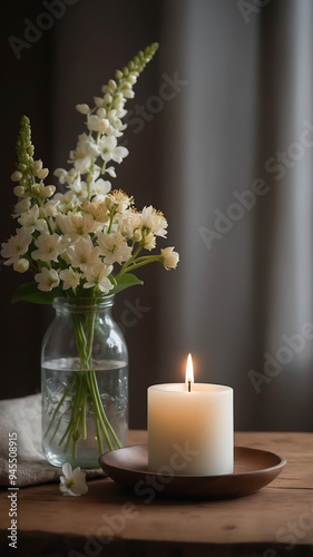 Elegant Candle and White Flower Vase Arrangement on Wooden Surface with Copy Space for Calm Home Decor