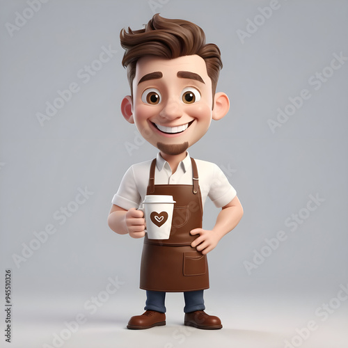 3d cartoon character. Happy smiling barista person, holding a cup of coffee on light background