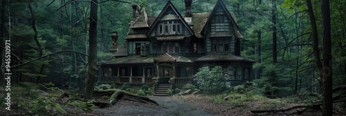 Mysterious and haunting residence tucked away in a secluded forest. photo