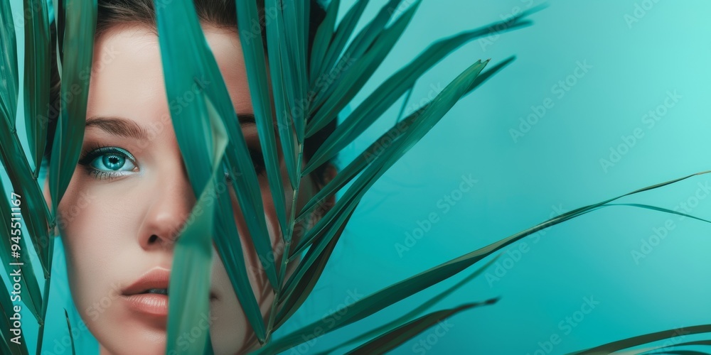 Naklejka premium A close-up portrait of a woman partially obscured by green leaves against a vibrant turquoise background in a serene outdoor setting. With copy space for text.