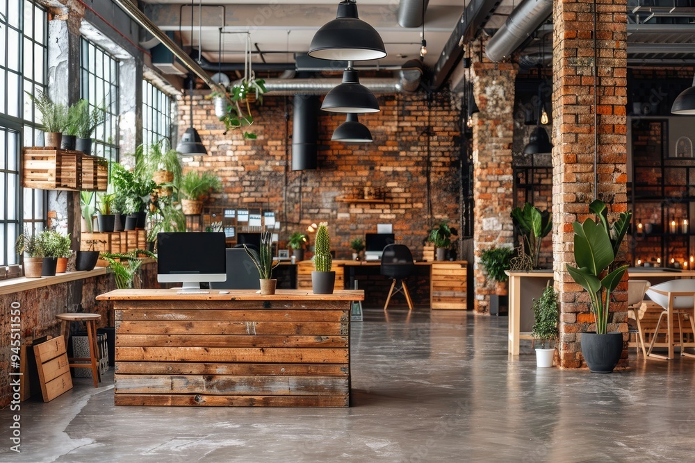 Modern Industrial Office Space with Wooden Desk and Plants