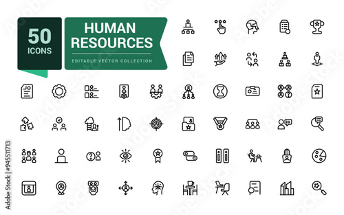 Set of human resource and management icons. Pixel perfect, minimalistic web and UI icon. Outline icon collections. Editable vector illustration.