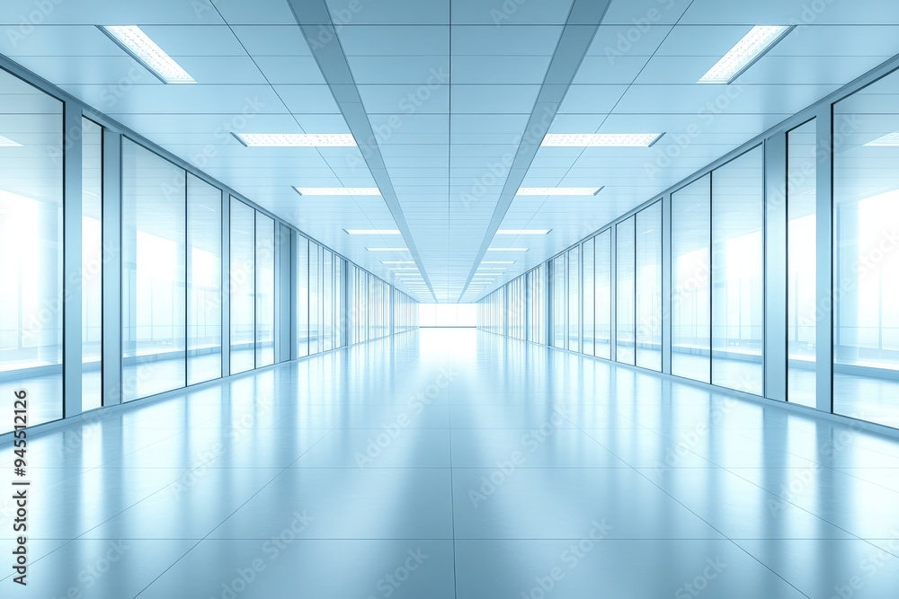 A Long, Empty Hallway with Glass Walls and a Tiled Floor A Long, Empty Hallway with Glass Walls and a Tiled Floor