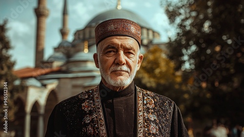 portrait of Turkish man in traditional attire, standing in front of a historic mosque