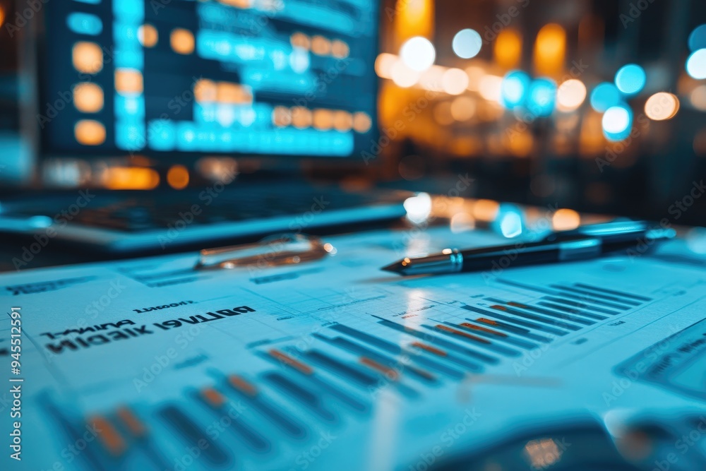 A Pen Resting on Financial Charts with Blurry Background Lights A Pen Resting on Financial Charts with Blurry Background Lights