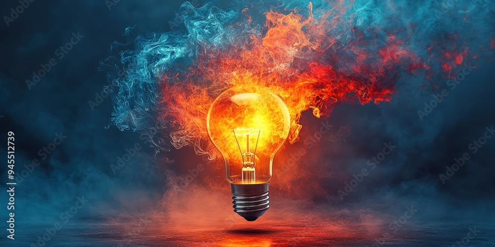 Lightbulb engulfed in flames and smoke Lightbulb engulfed in flames and smoke
