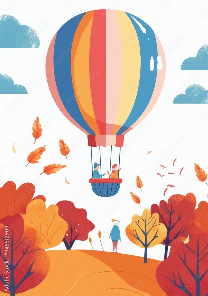 Fototapeta premium Children's Cartoon Picture Book Illustration Autumn Hot Air Balloon Tour