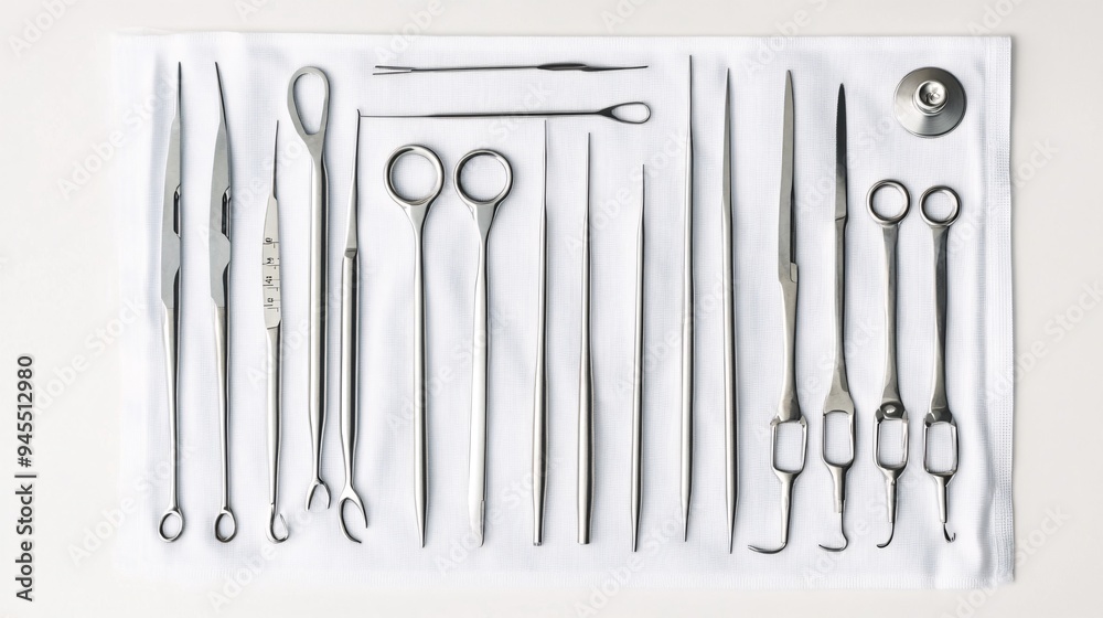 Top view of a neatly arranged set of surgical tools displayed on a white sterile cloth Top view of a neatly arranged set of surgical tools displayed on a white sterile cloth