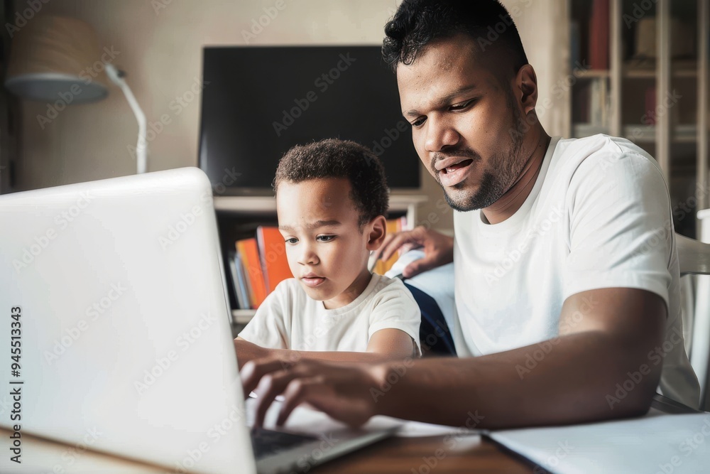 Father and son studying with laptop on a online class at home Father and son studying with laptop on a online class at home Father and son studying with laptop on a online class at home Father and son studying with laptop on a online class at home