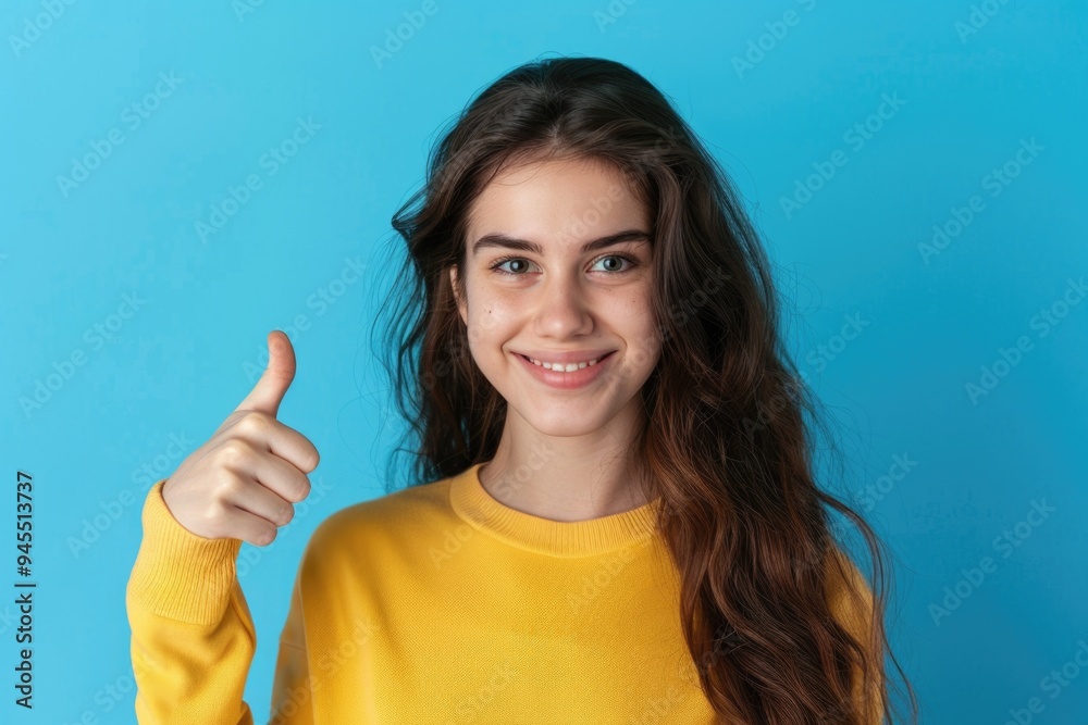 A happy woman wearing a bright yellow sweater and giving a thumbs up A happy woman wearing a bright yellow sweater and giving a thumbs up
