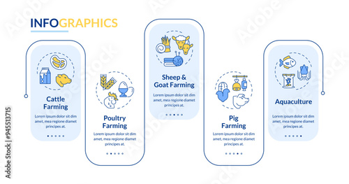 Farming types rectangle infographic vector. Livestock animals. Dairy farm, cultivation. Data visualization with 5 steps. Editable rectangular options chart. Lato-Bold, Regular fonts used