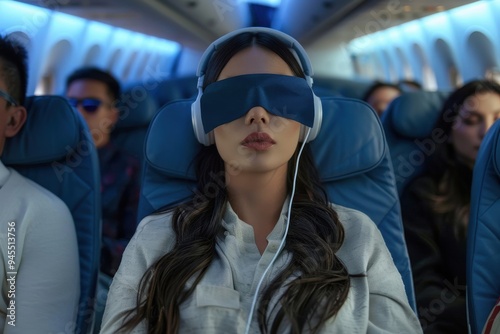 People traveling by air and sleeping on the plane People traveling by air and sleeping on the plane wearing headphones and an eye mask - travel concepts