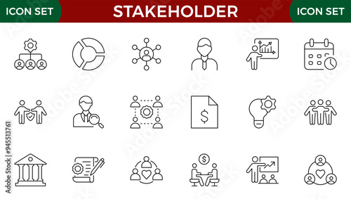 Stakeholder editable stroke icons set. Business, partner, shareholder, investor, supporter vector illustrations.