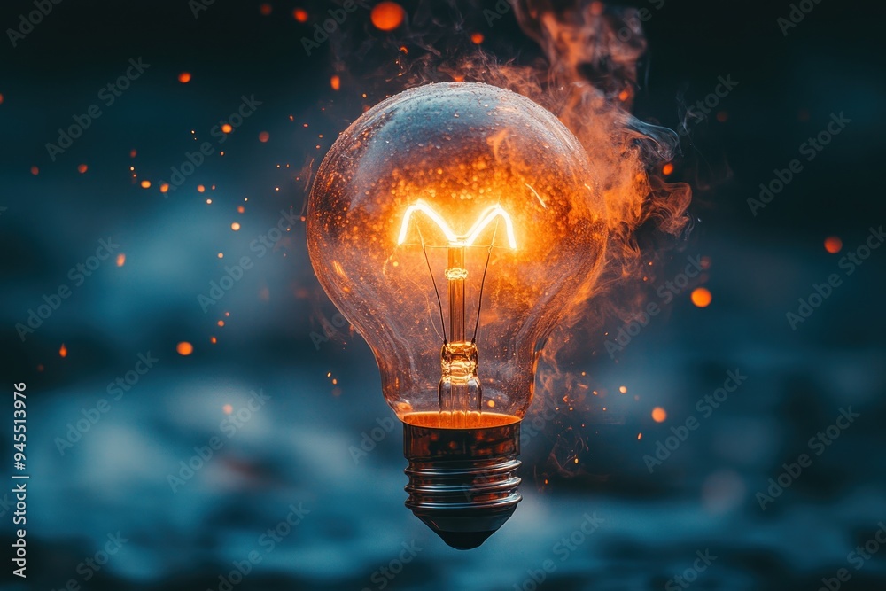 A Glowing Lightbulb Surrounded by Smoke and Sparks A Glowing Lightbulb Surrounded by Smoke and Sparks