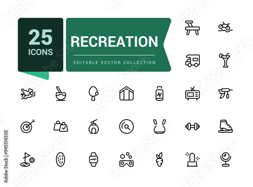 Recreation icon set of web icons in line style. Related to airport, tickets, tour, relax, hotel. Pixel perfect, minimalistic web and UI icon. Outline icon collections.