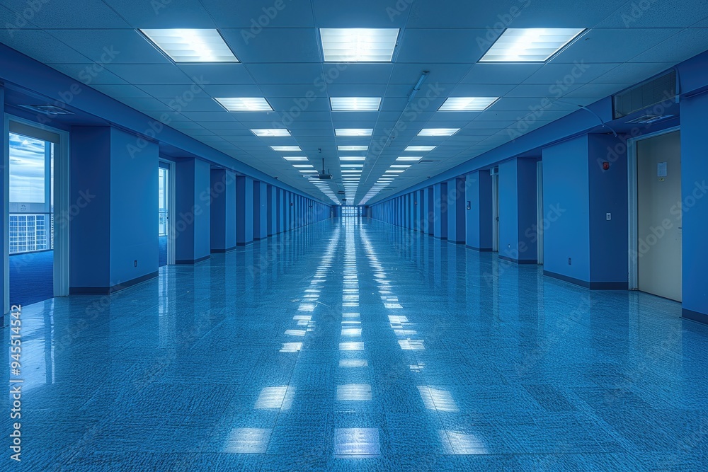 Empty Blue Hallway with Tile Floor and Fluorescent Lights Empty Blue Hallway with Tile Floor and Fluorescent Lights
