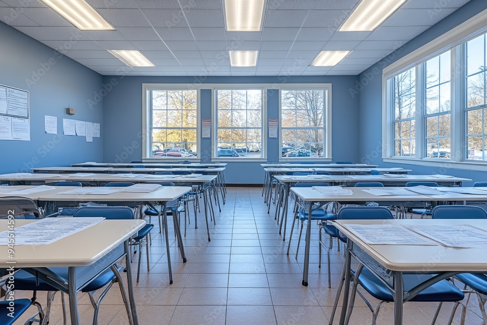 Empty Classroom with Desks and Chairs Facing Windows