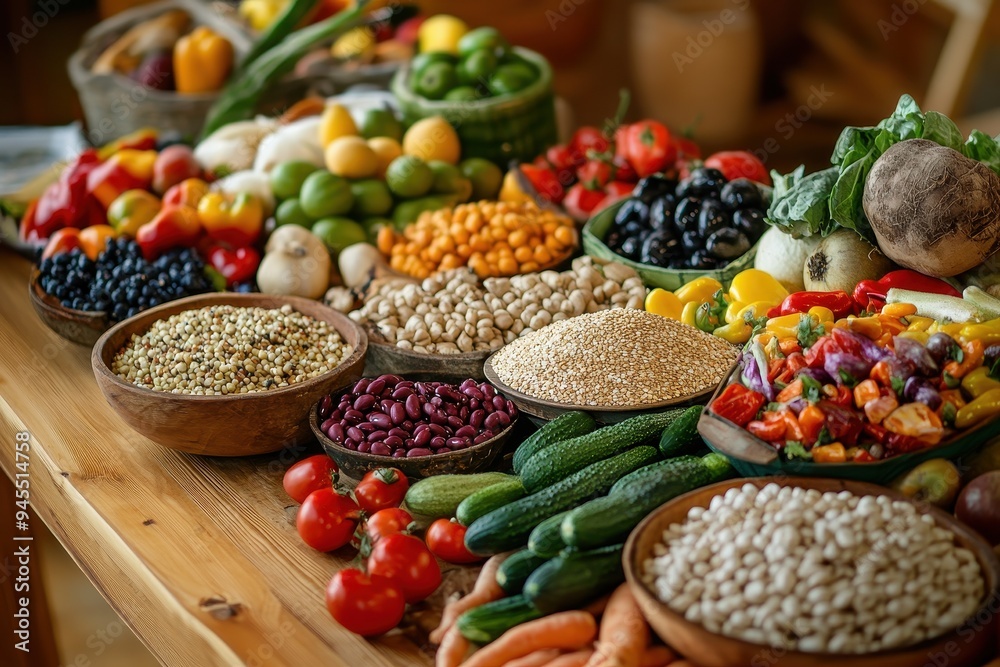 Global Harvest Table: A large wooden table filled with a variety of fresh produce from around the world--fruits, vegetables, grains, and legumes Global Harvest Table: A large wooden table filled with a variety of fresh produce from around the world--fruits, vegetables, grains, and legumes