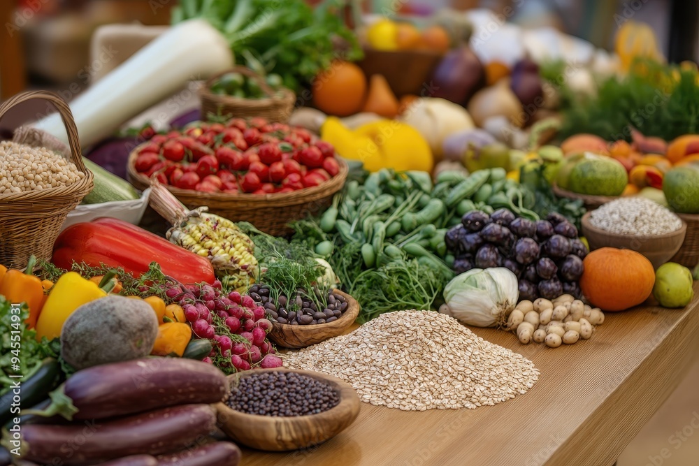Global Harvest Table: A large wooden table filled with a variety of fresh produce from around the world--fruits, vegetables, grains, and legumes
