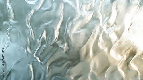 Close-up of a textured, metallic surface exhibiting gentle folds and waves, creating an abstract and fluid appearance, reflecting light in various soft hues. photo