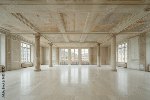 Empty Room with Columns, Plaster Walls, and Windows Overlooking a City