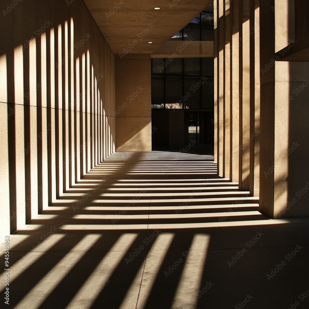 Urban walkway lit from above creating rhythmic shadows between tall columns, showcasing the interplay of light and dark patterns that accentuate the structure's symmetry. Urban walkway lit from above creating rhythmic shadows between tall columns, showcasing the interplay of light and dark patterns that accentuate the structure's symmetry.