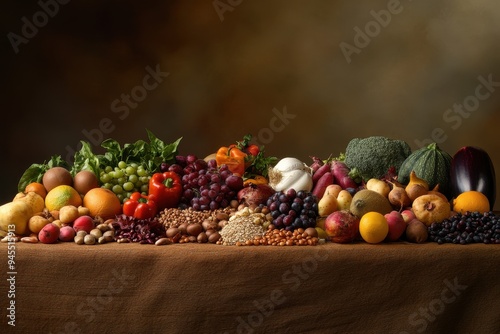 Global Harvest Table: A large wooden table filled with a variety of fresh produce from around the world--fruits, vegetables, grains, and legumes