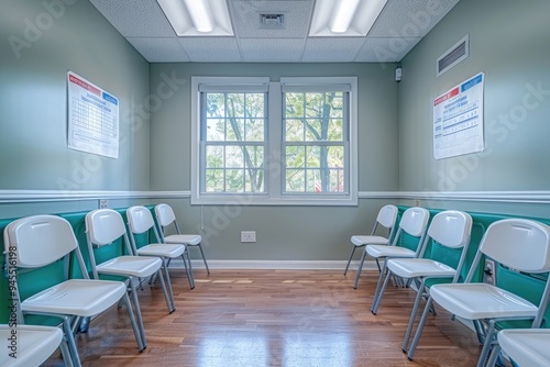 Empty Waiting Room with Green Chairs and Windows