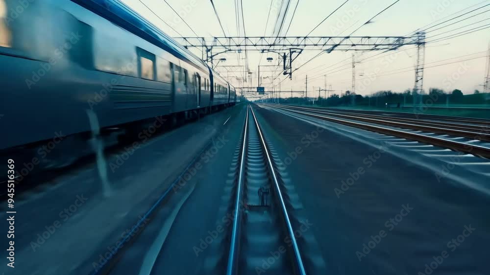 Experience the speed of a high-speed train traveling through scenic countryside at dusk Experience the speed of a high-speed train traveling through scenic countryside at dusk