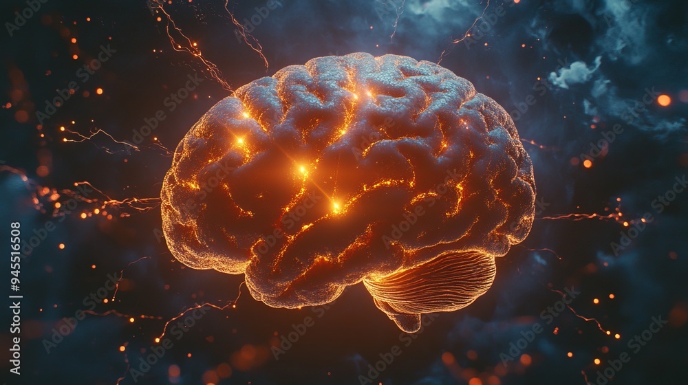 Vibrant, illuminated brain with electric sparks in a dark atmosphere Vibrant, illuminated brain with electric sparks in a dark atmosphere