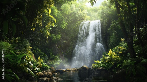 Serene Waterfall in Lush Rainforest